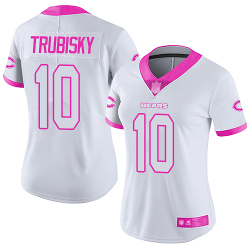 Limited Women's Mitchell Trubisky White/Pink Jersey - #10 Football Chicago Bears Rush Fashion