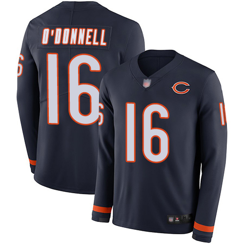 Limited Men's Pat O'Donnell Navy Blue Jersey - #16 Football Chicago Bears Therma Long Sleeve